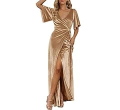 MEROKEETY Women's V Neck Wrap Velvet Maxi Dress Bell Sleeve Split Bridesmaid Cocktail Party Dress | Amazon (US)