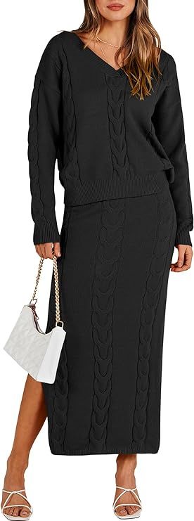 ANRABESS Women's Casual Two Piece Outfits Long Sleeve Cable Knit Top and Bodycon Maxi Skirt Pullover | Amazon (US)