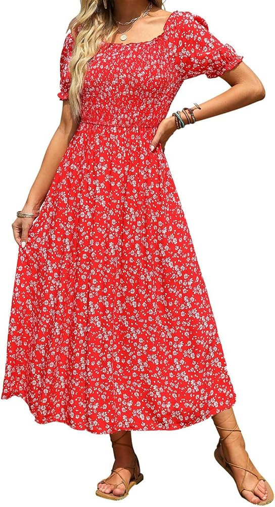 ZESICA Women's 2025 Summer Boho Floral Print Square Neck Ruffle Swing Beach Long Maxi Dress | Amazon (US)