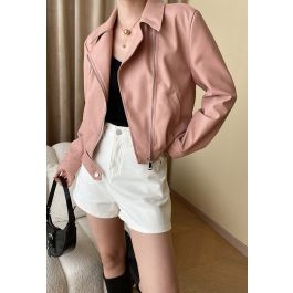 Diagonal Zip Up Faux Leather Jacket in Pink | Chicwish