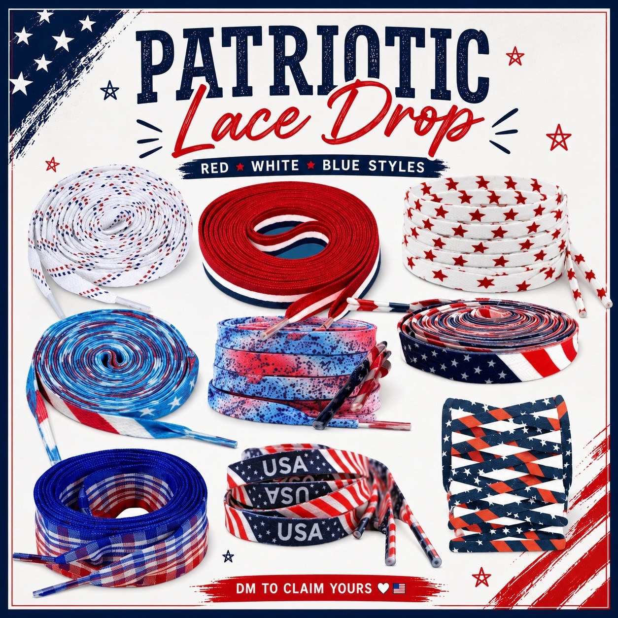 🇺🇸 PATRIOTIC LACE DROP 🇺🇸

Which pair is your favorite? ❤️🤍💙

1️⃣ Stars
2️⃣ USA
3️⃣ Splatter
4️⃣ Plaid
5️⃣ Flag
6️⃣ Watercolor

Comment LACES on insta or shop below  and I’ll send the details! 🇺🇸✨

#LTKWorkwear #LTKSeasonal #LTKootd