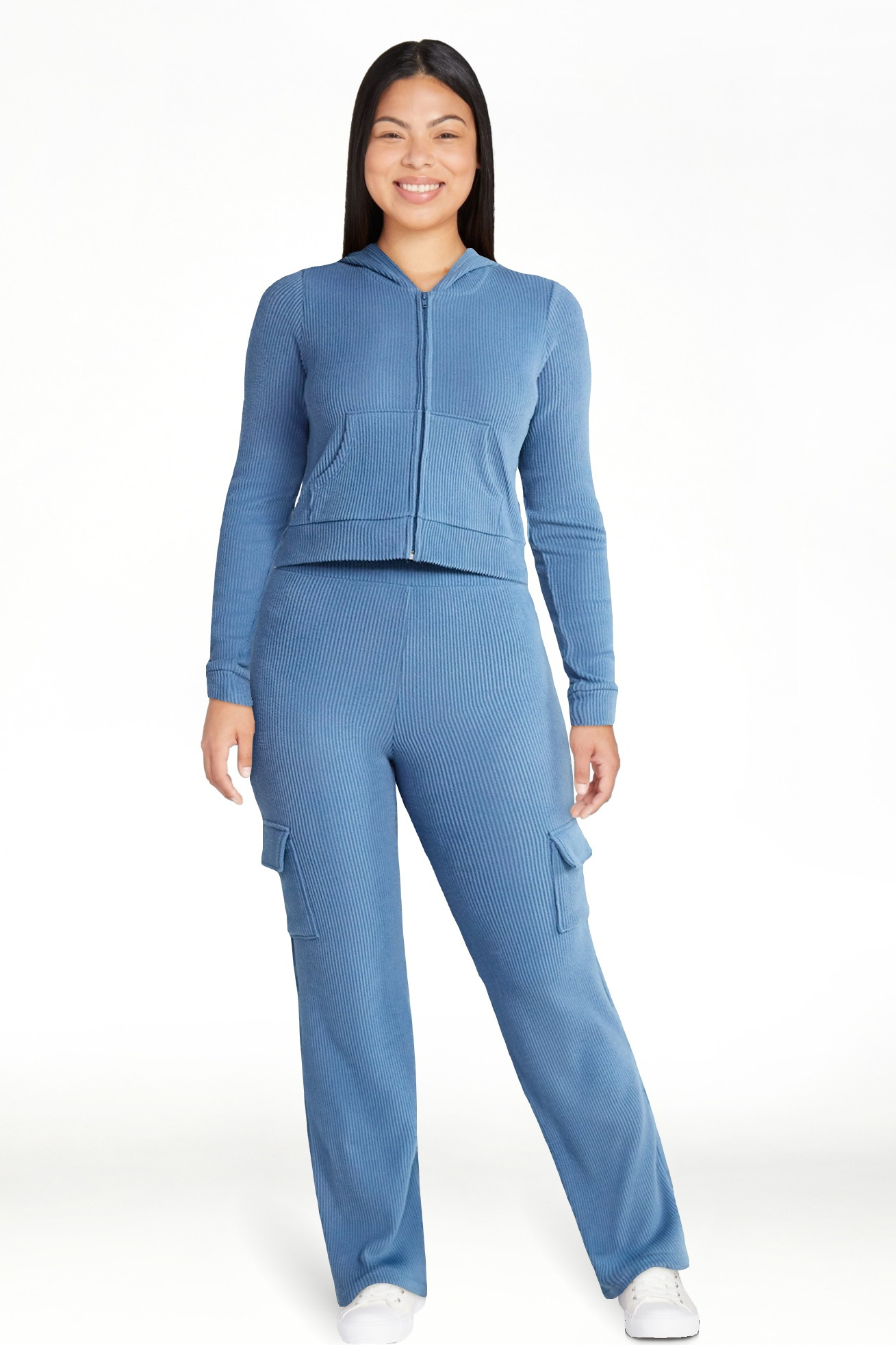 No Boundaries Brushed Ribbed Zip-Up Hoodie and Flare Pants Set, 2-Piece, Women's | Walmart (US)
