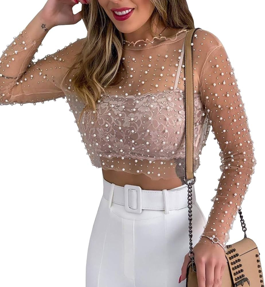 Modegal Women's Pearl Rhinestone See Through Long Sleeve Mesh Blouse One Piece Cover Up Halloween... | Amazon (US)