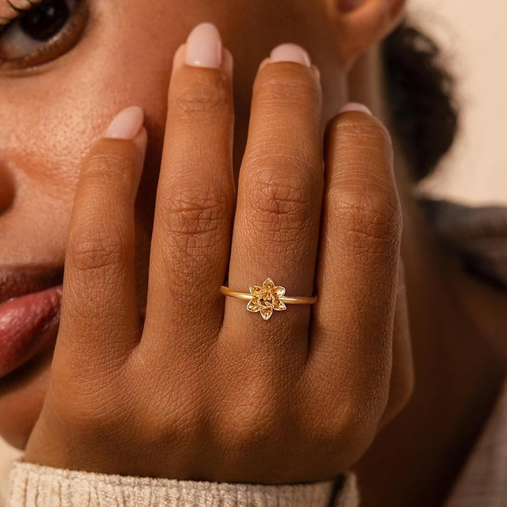Birth Flower Ring for Women 14K Gold Plated Floral Minimalist Stackable Finger Jewelry Birthday G... | Amazon (US)
