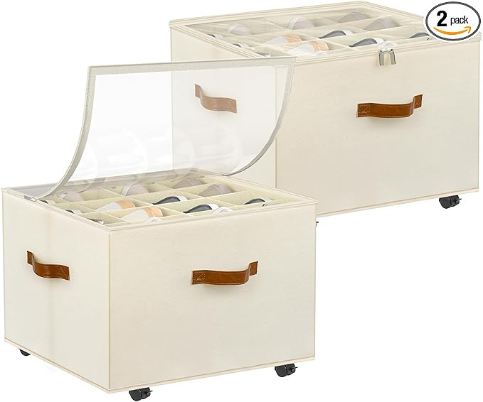 Shoe Organizer for Closet, 2 Pack Shoe Storage Organizer with Wheels and Adjustable Dividers, Sta... | Amazon (US)