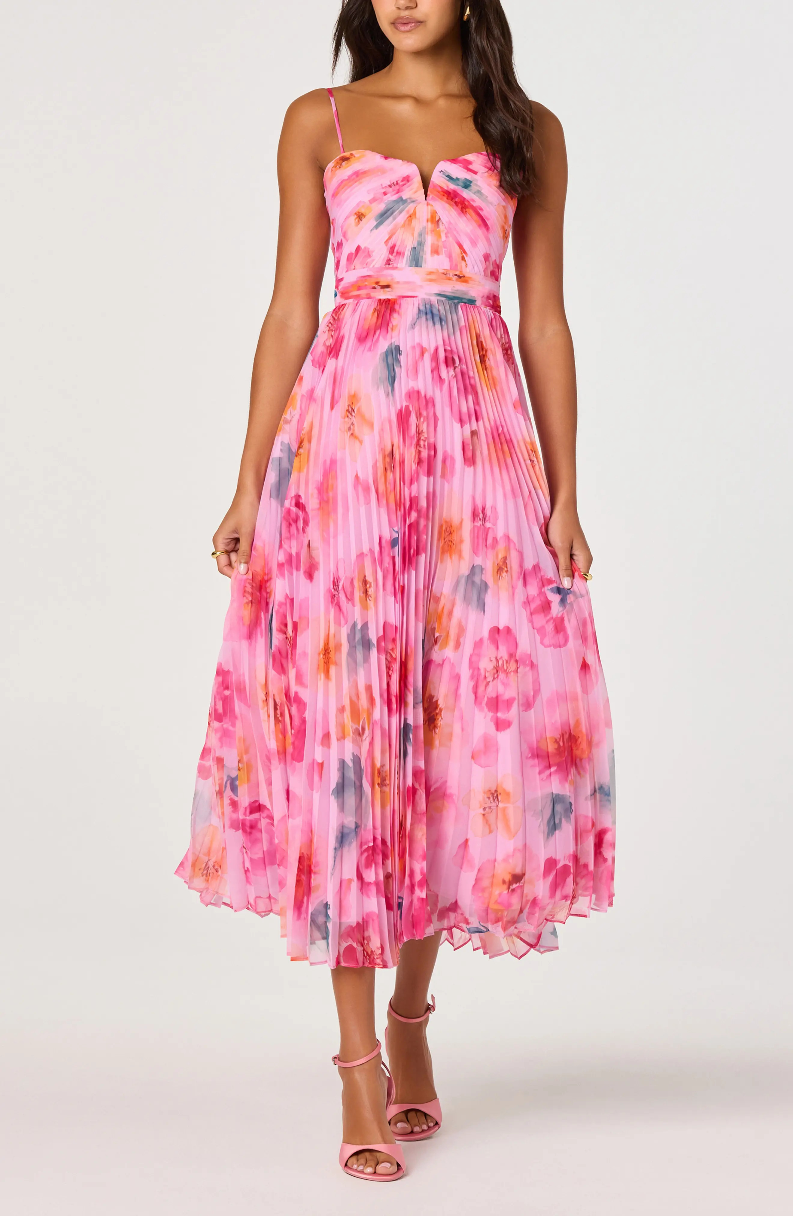 ASTR the Label Bayley Floral Print Pleat Party Dress in Pink Multi Floral at Nordstrom, Size Medium | Nordstrom