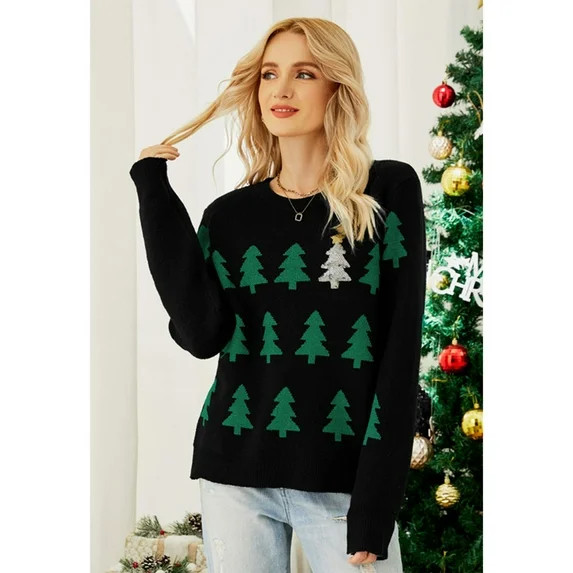 CHICWISH Women Sequined Christmas Tree Print Knit Sweater Crewneck Holiday Sweaters Long Sleeve P... | Walmart (US)