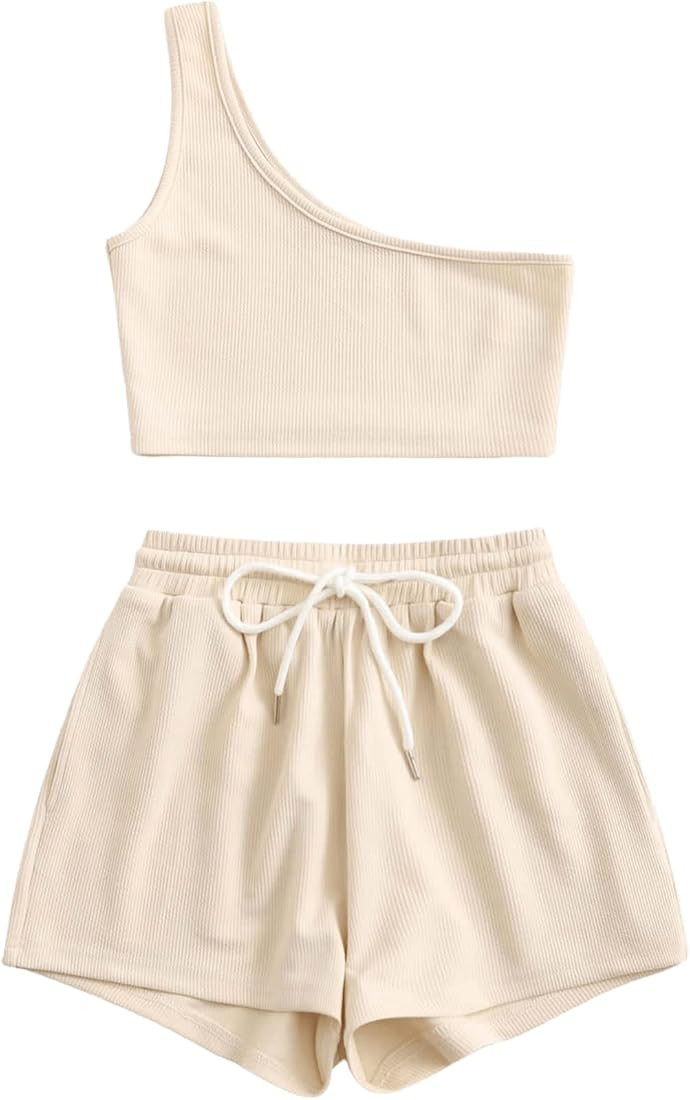 Verdusa Women's One Shoulder Tank Top and Lounge Shorts 2 Piece Tracksuit Set | Amazon (US)