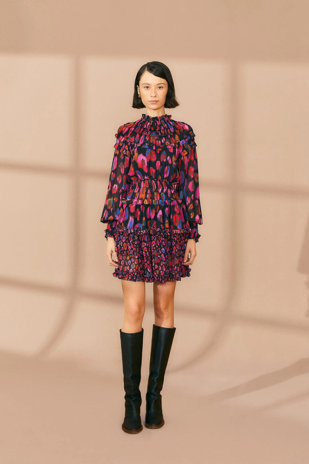 Black Iridescent Leopards Ruffle Mini Dress | FarmRio (US)