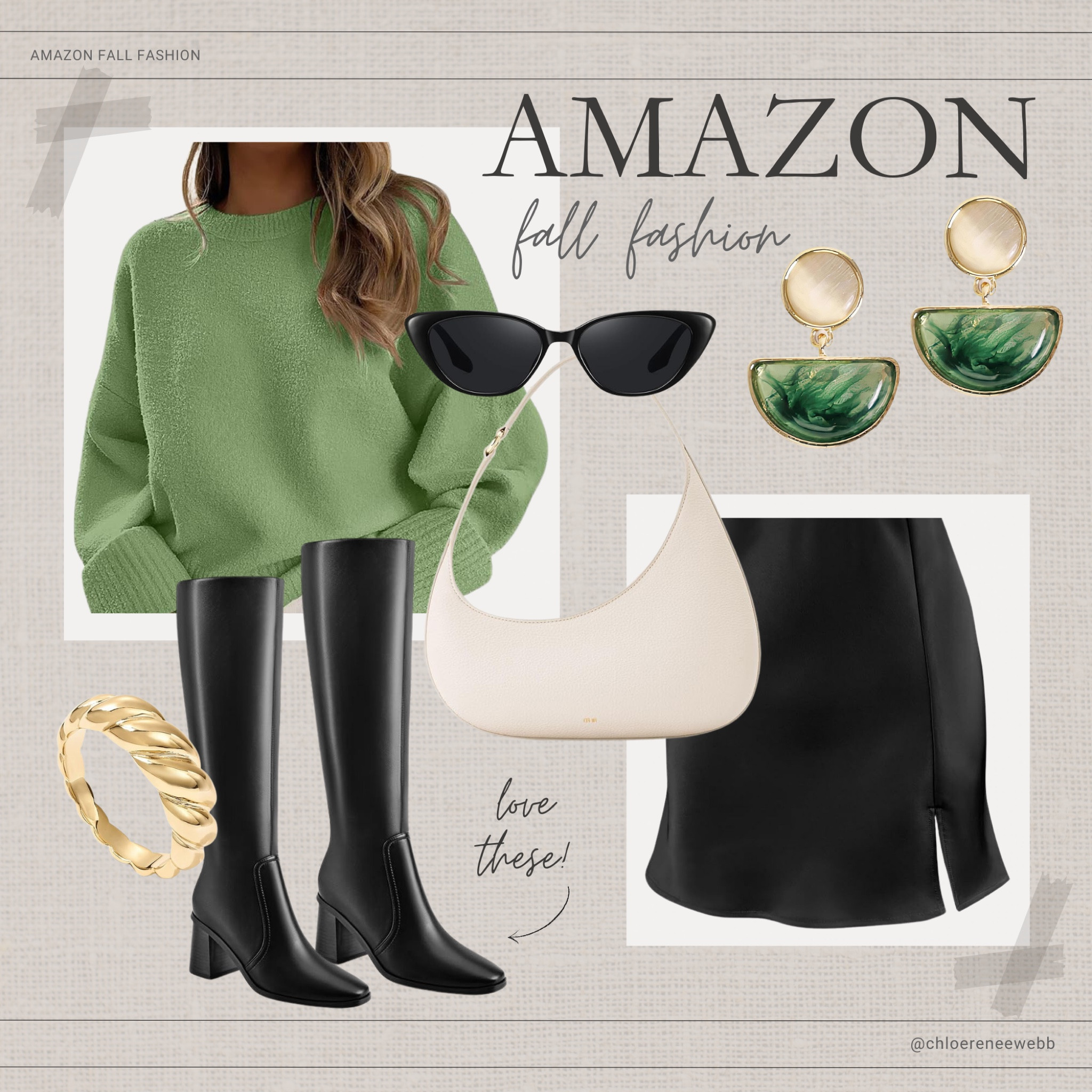 trendy fall outfit 2024, cozy green sweater Amazon, black mini skirt Amazon, black knee high boots Amazon, fall fashion accessories Amazon, green and gold accessories, Amazon fall fashion 2024, chic autumn look, stylish fall layers, Amazon fall wardrobe, fall outfit inspiration, Amazon fall style, cozy fall outfit Amazon, fall fashion trends 2024, trendy Amazon outfit