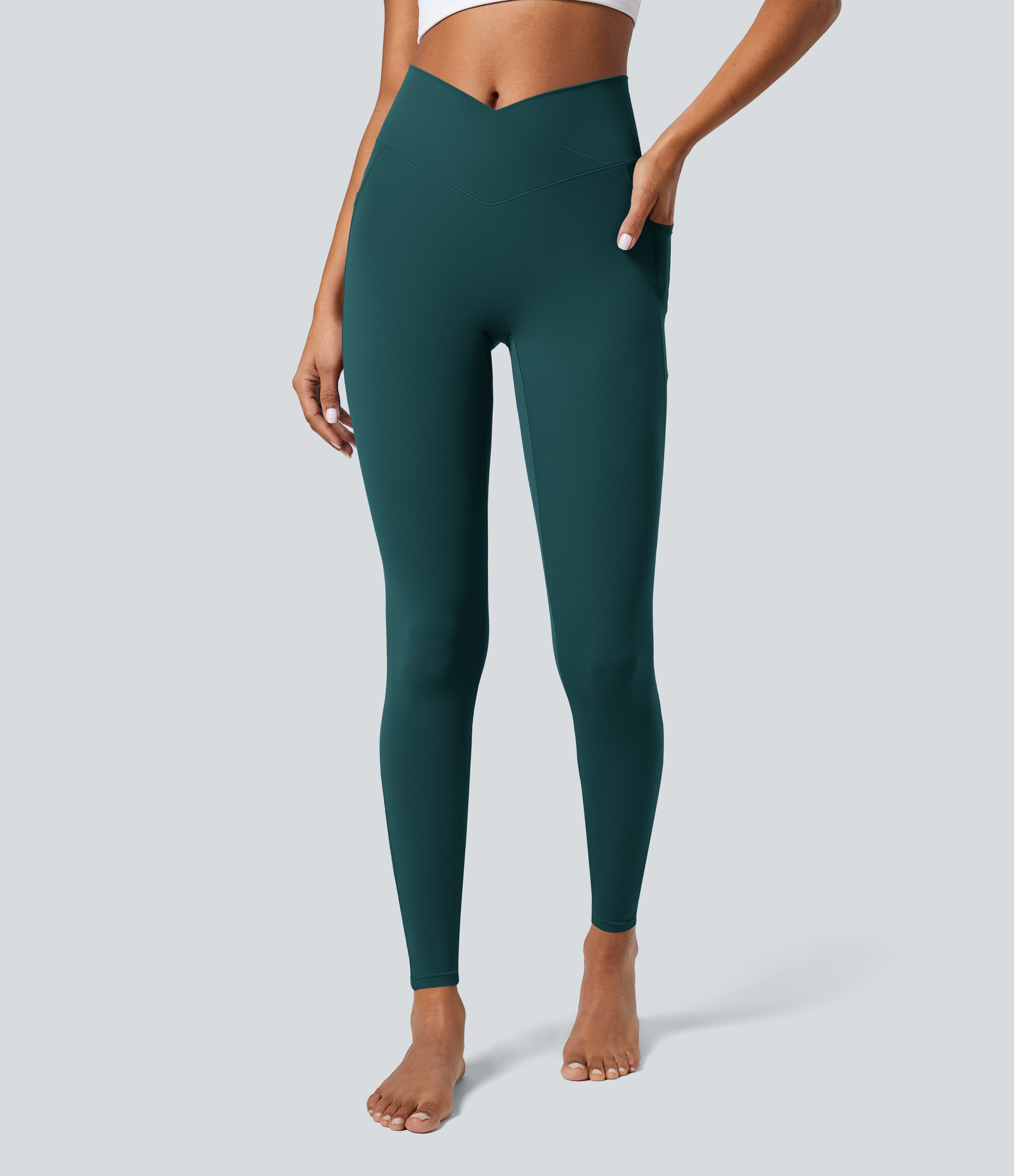 Halara Softlyzero™ Crossover Pocket Plain Leggings-UPF50+ - Viridian - M(7/8) gym leggings leggings with pockets leggings with butt lift | HALARA
