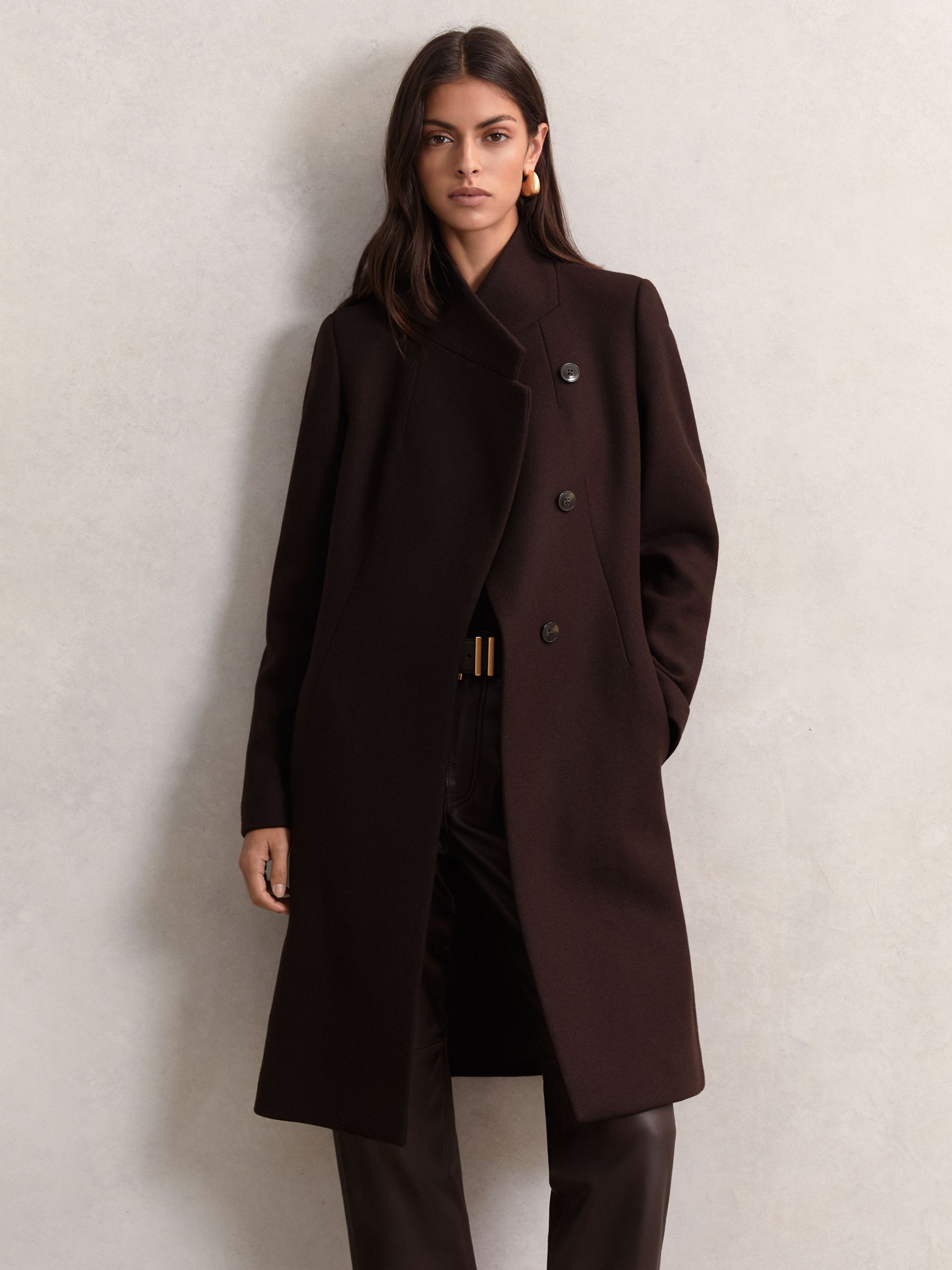 Wool-Blend Wrapover Mid-Length Coat in Chocolate Brown | Reiss UK