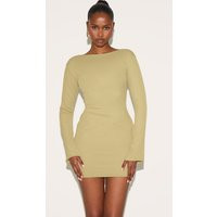 Olive Onion Skin Boat Neck Flute Sleeve Mini Dress | PrettyLittleThing US