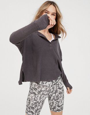 OFFLINE By Aerie Way Back Waffle Henley Long Sleeve T-Shirt | American Eagle Outfitters (US & CA)