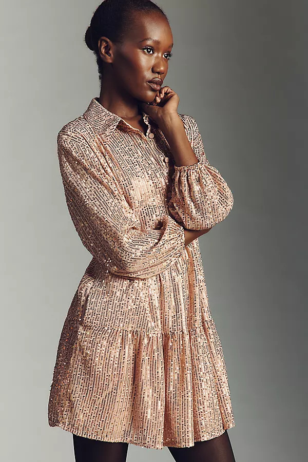 The Bettina Sequin Tiered Mini Shirt Dress by Maeve | Anthropologie (US)