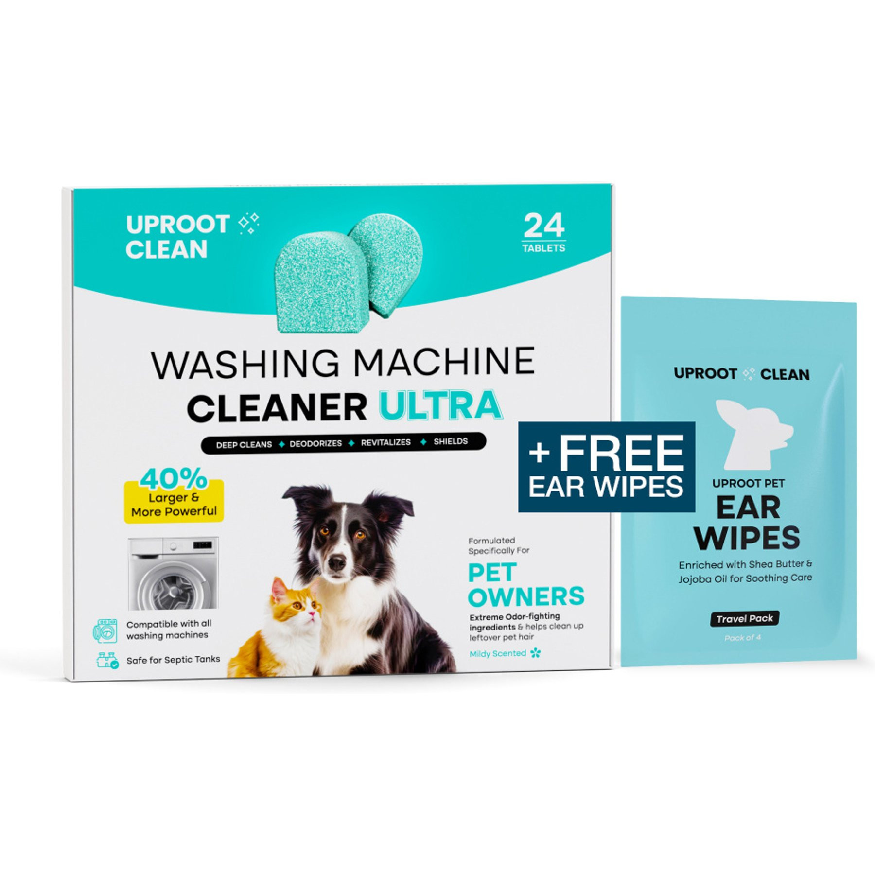 Uproot Clean Washing Machine Cleaner Ultra Tablets, 24 count + Bonus Ear Wipes | Chewy