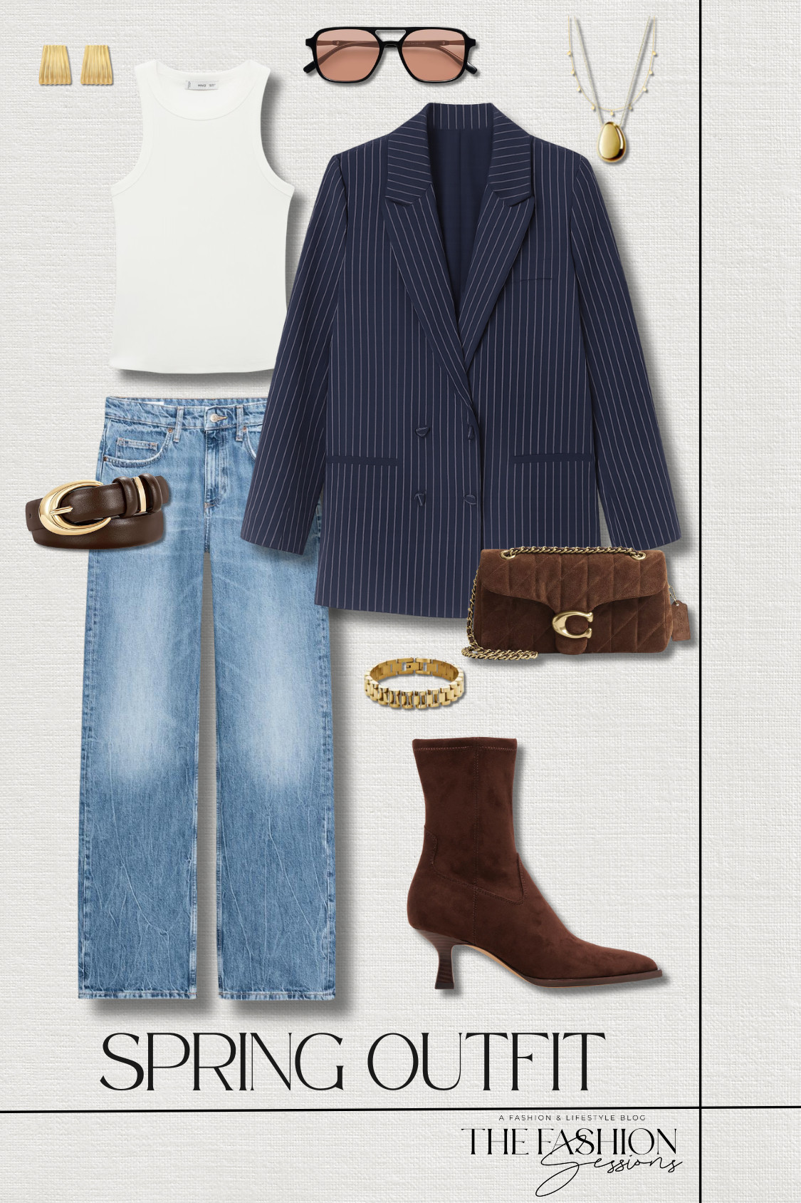 The one color you can count on in any season, navy!
oversized double-breasted pinstripe blazer | high-waist wide leg jeans | fitted ribbed tank top | dolce vita suede arya boots | coach tabby shoulder bag | leather belt | oversized aviator sunglasses | chunky gold earrings | gold mini disc station necklace | pebble necklace | watch strap bracelet | winter outfit | spring outfit | shopping outfit | weekend outfit | elevated casual 

 #LTKootd #LTKSeasonal #LTKOver40