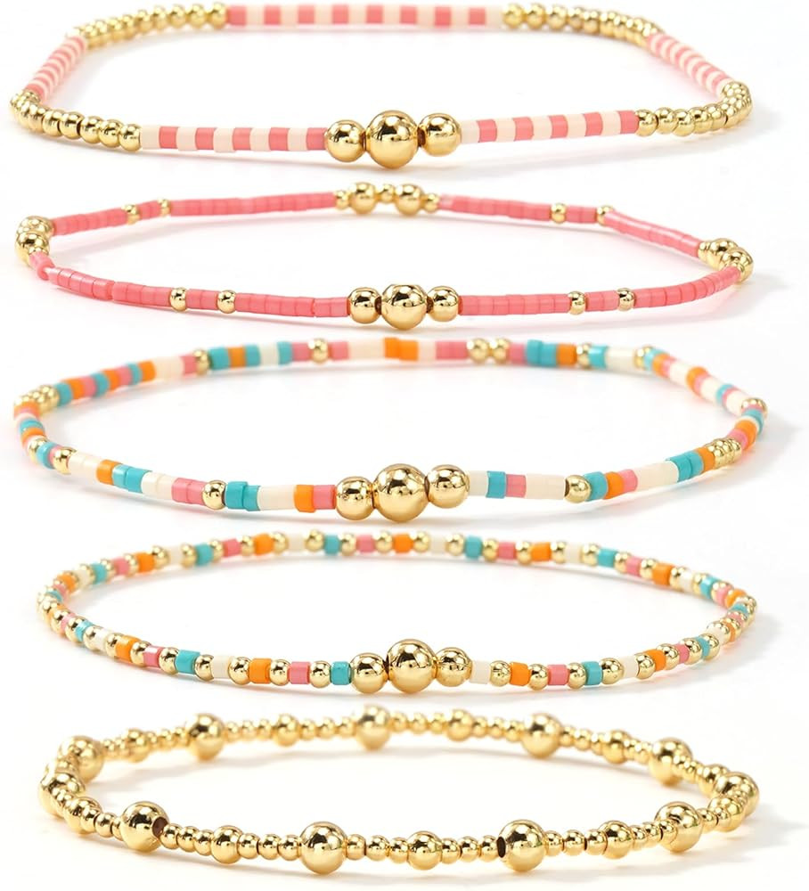 Amazon.com: SHINUS BOHO Trendy 14K Gold Plated Pink Beaded Bracelets Stack Set for Women,Stretch ... | Amazon (US)