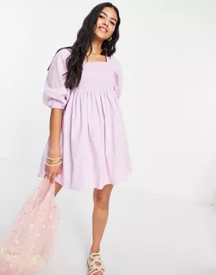 Influence mini balloon sleeve beach dress in lilac | ASOS (Global)