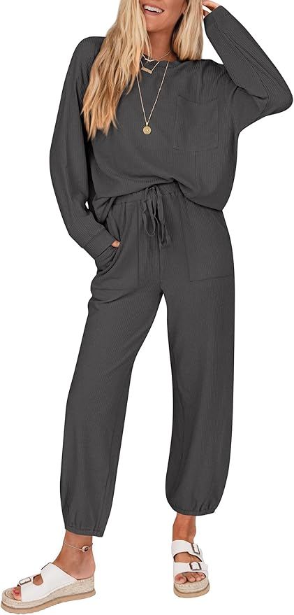 KIRUNDO Women's Fall 2 Piece Outfits Ribbed Knit Lounge Sets Long Sleeve Pullover Drawstring Jogg... | Amazon (US)