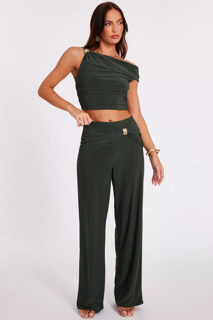 Khaki Buckle Wide Leg Trousers | Quiz Clothing