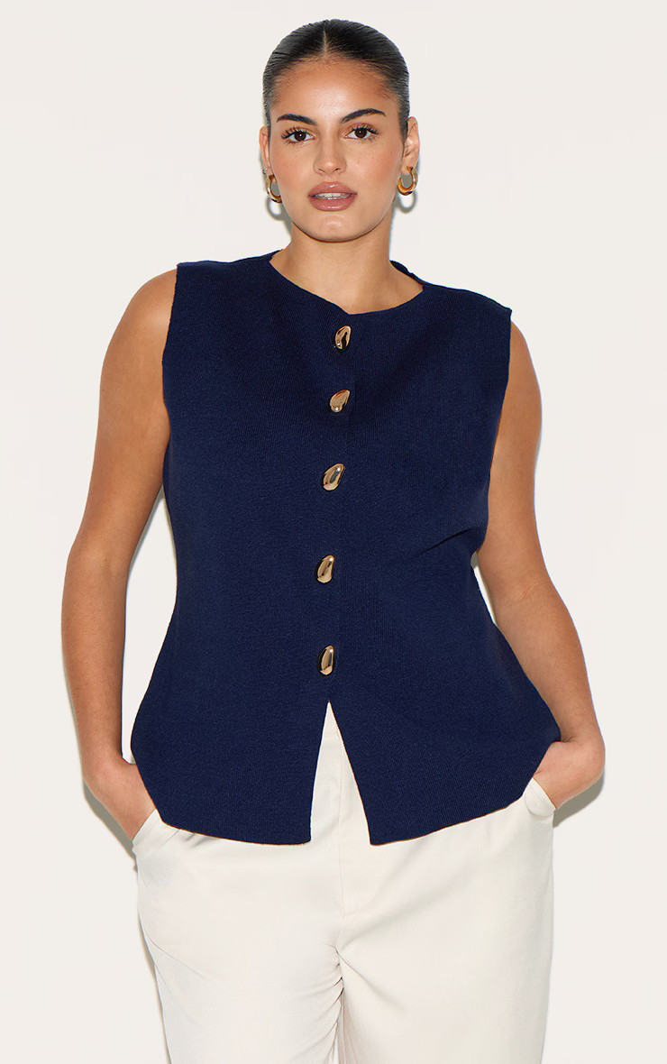 Plus Navy Compact Knit Button Up Vest | PrettyLittleThing US