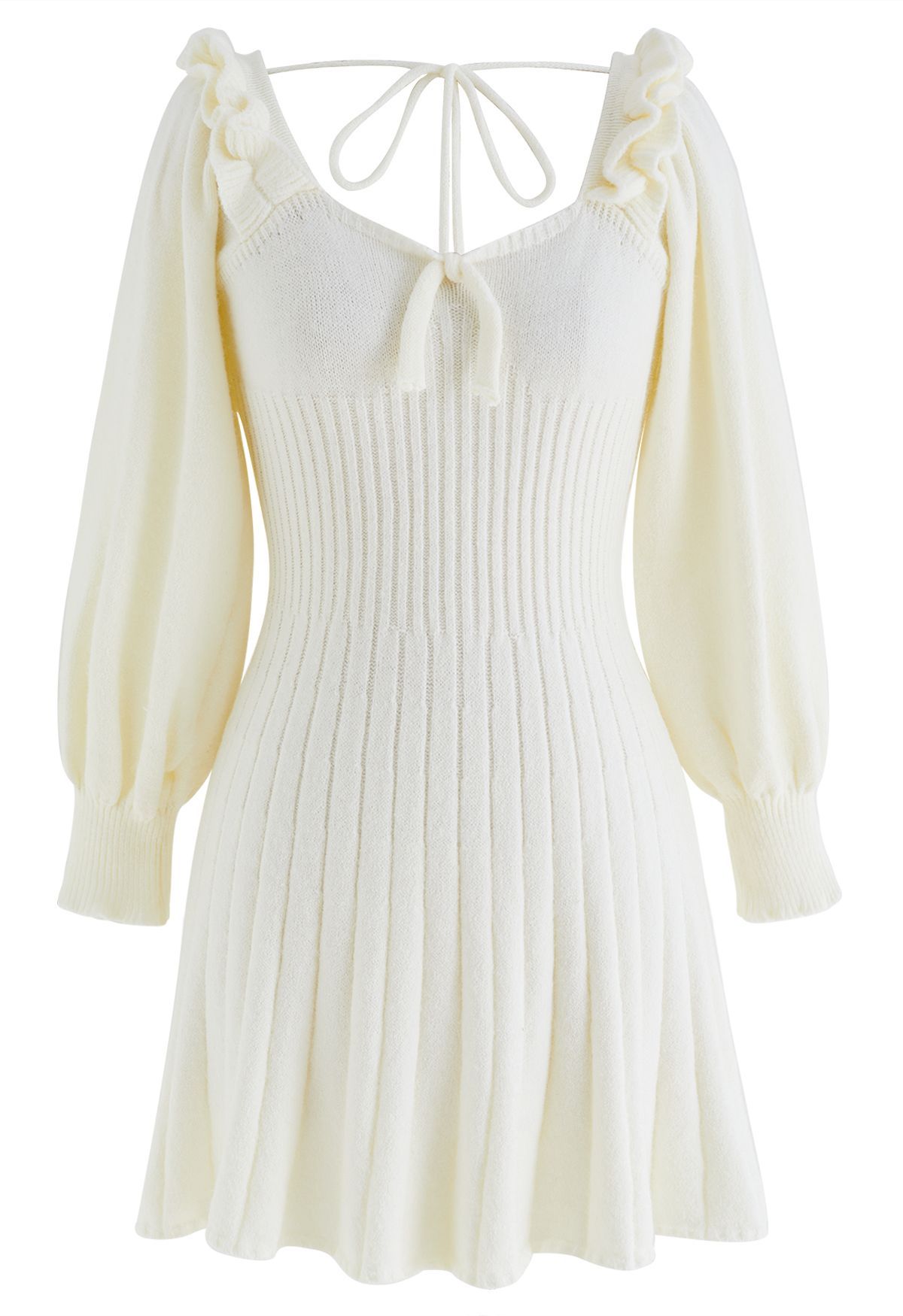 Tie-Bow Scoop Neck Knit Mini Dress in Cream | Chicwish