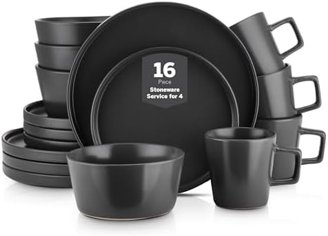 Stone Lain Celina Stoneware 16 Piece Dinnerware Set, Plates and Bowls, Black Matte Dish, Service ... | Amazon (US)