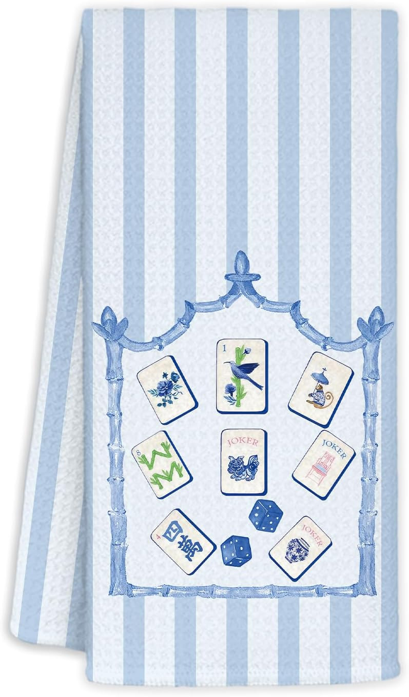 Blue Stripe Chinoiserie Mahjong Tile Kitchen Towels,Gifts for Mahjong Lovers,Mah Jong Decorative Waffle Hand Dish Towels,Chinoiserie Mah Jong Gifts for Women Men,16x24 Inches | Amazon (US)