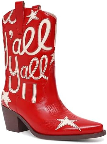 HOCHFART Women's Cowboy Boots Mid Calf Pointed Toe Low Chunky Heel Embroidery Metallic Pull On We... | Amazon (US)