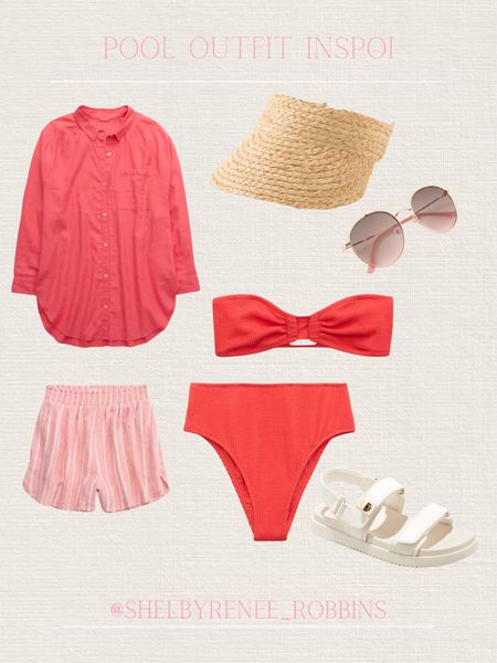 Colorful pool day outfit, red swimsuit, two piece swimsuit, ribbed swimsuit, white sandals, straw sun visor, round sunglasses, linen swim coverup, linen shorts, beach day style, beach outfit

#LTKStyleTip #LTKSwim #LTKSeasonal