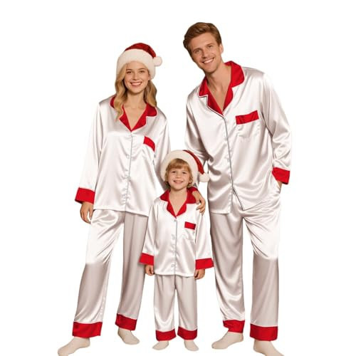 CGGMVCG Family Holiday Outfits Silk Satin Matching Christmas Outfits for Family Button Down Shirt and Pants Silky Xmas Holiday Clothes Sets for Pictures (Cream, 3-6) | Amazon (US)