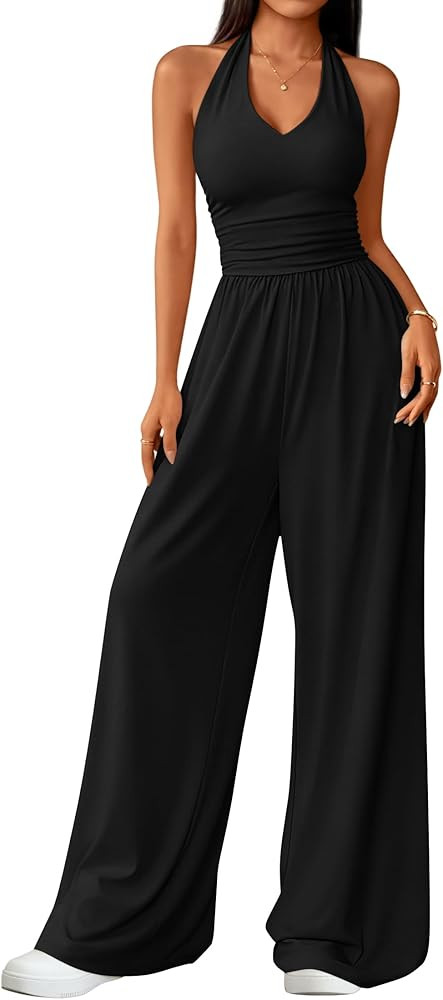 ZESICA Women's Summer 2026 Sleeveless Halter Neck Jumpsuits One Piece Wide Leg Jumper Rompers Bea... | Amazon (US)