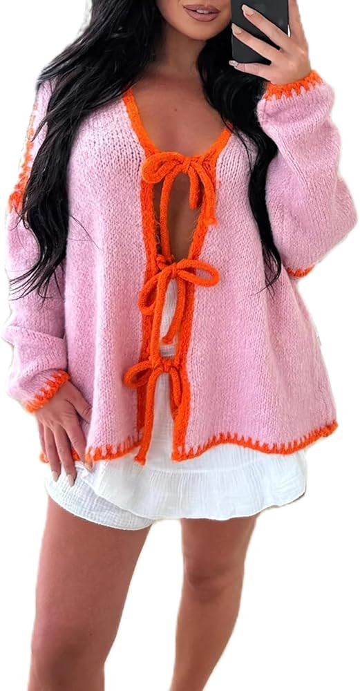 Women Y2k Tie Front Knitted Cardigan Sweater Long Sleeve V Neck Open Front Casual Knitwears Tops | Amazon (US)