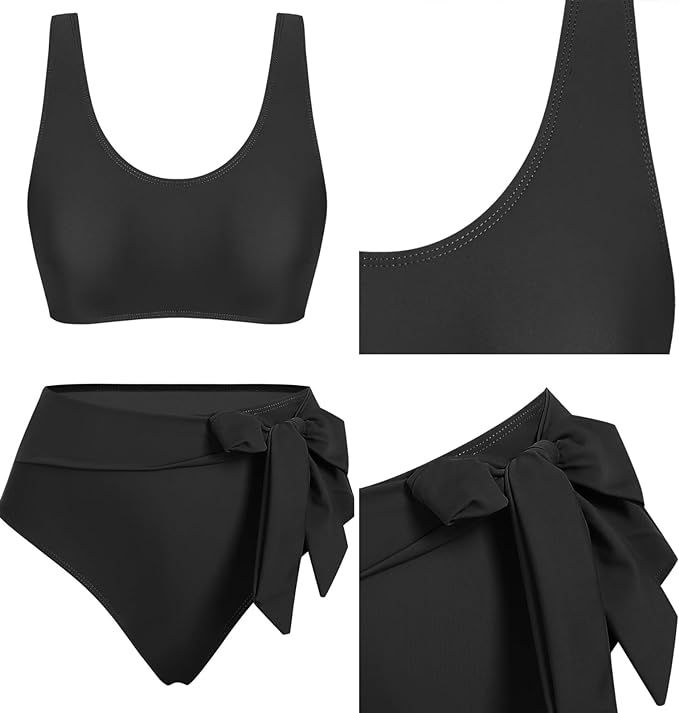ZAFUL Women's High Waisted Bikini Sets Scoop Neck Tummy Control Swimsuits Knotted Bottom Tankini ... | Amazon (US)