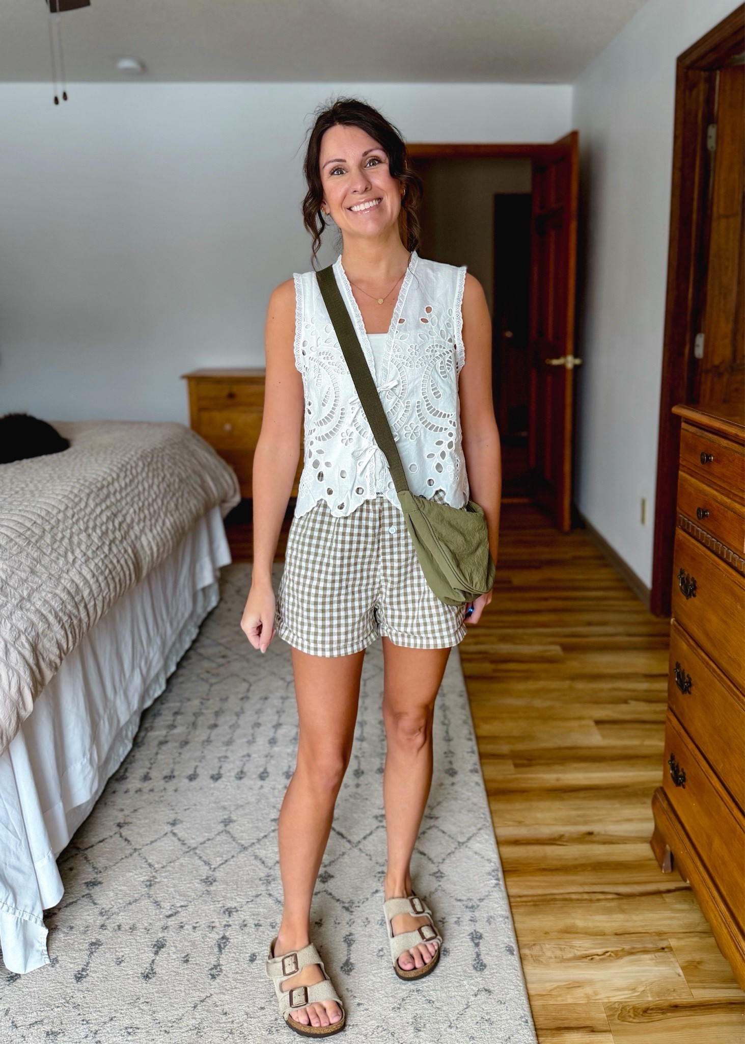 small in my white tank, small in my white eyelet tank, xs in my green gingham boxer shorts. My birk sandals are size 36. 

My crossbody is older so linked similar

#LTKPetite #LTKootd #LTKgrwm