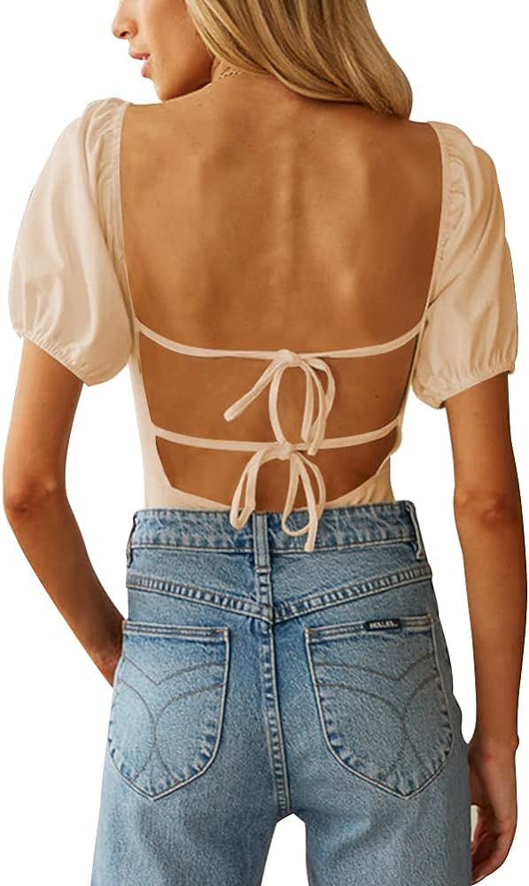 oten Women's Sexy Backless Puff Sleeve Scoop Neck Tie Back Bodysuit Tops | Amazon (US)