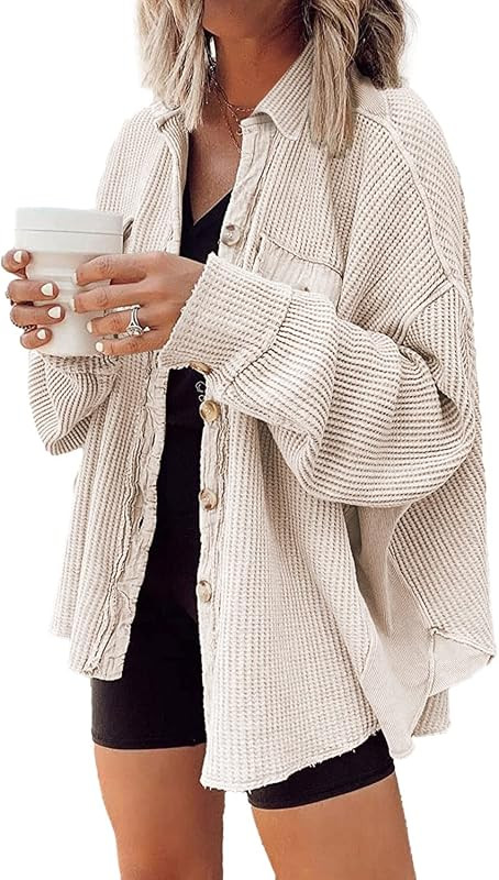 Nirovien Womens Waffle Knit Shirt Jacket Oversized Button Down Shacket Batwing Sleeve Tops with P... | Amazon (US)
