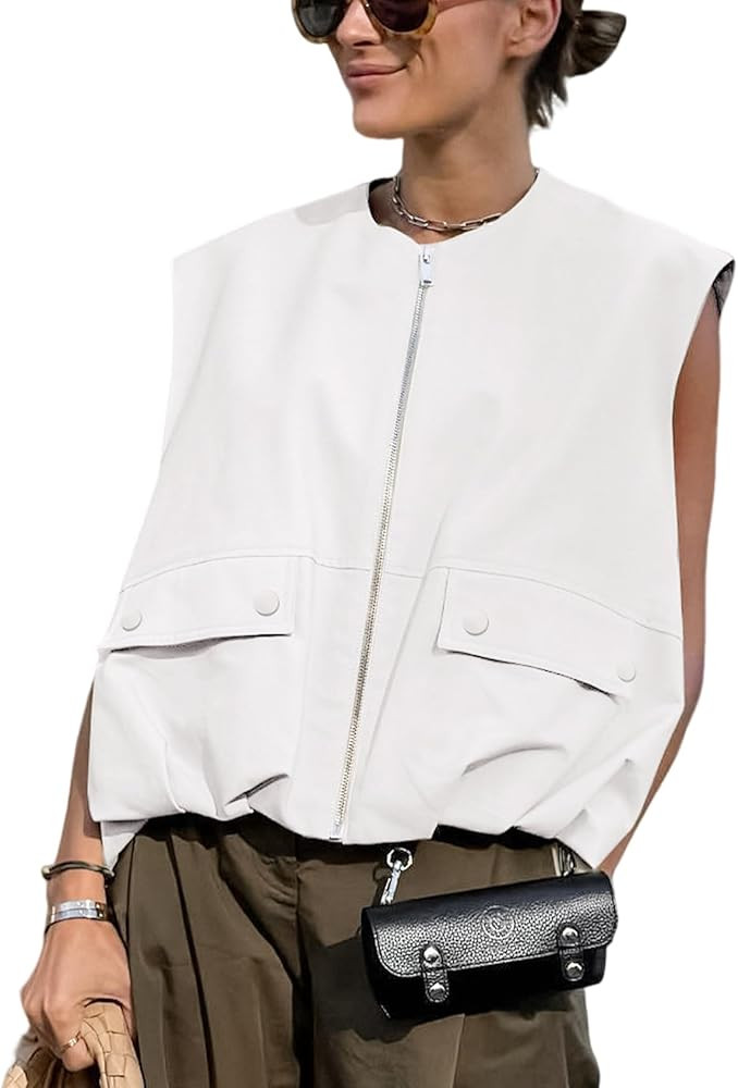 Yimoon Women’s Oversized Zip Up Cargo Vest Casual Ruched Hem Sleeveless Blazer Jackets Vest Top... | Amazon (US)