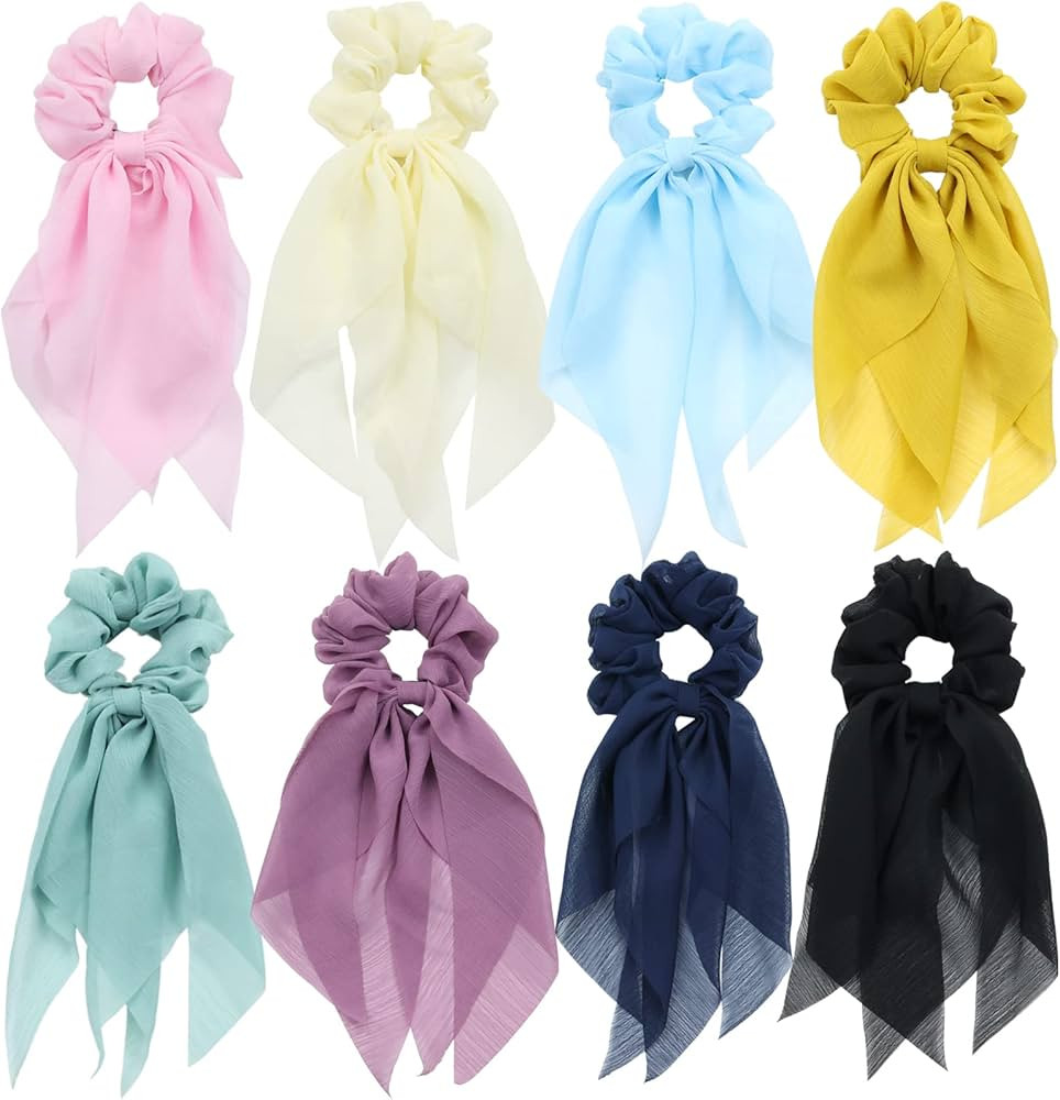 Lawie 8 Pack Colorful Chiffon Long Ribbon Hair Ties Silk Tails Hair Bows for Girls Scarves Scrunc... | Amazon (US)