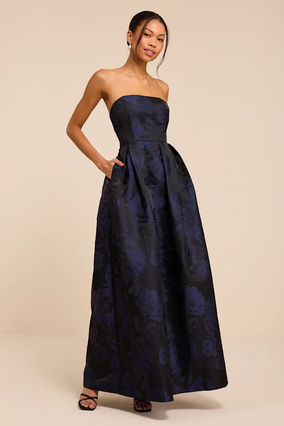 Laurelin Navy Floral Jacquard Pleated Strapless Maxi Dress | Lulus