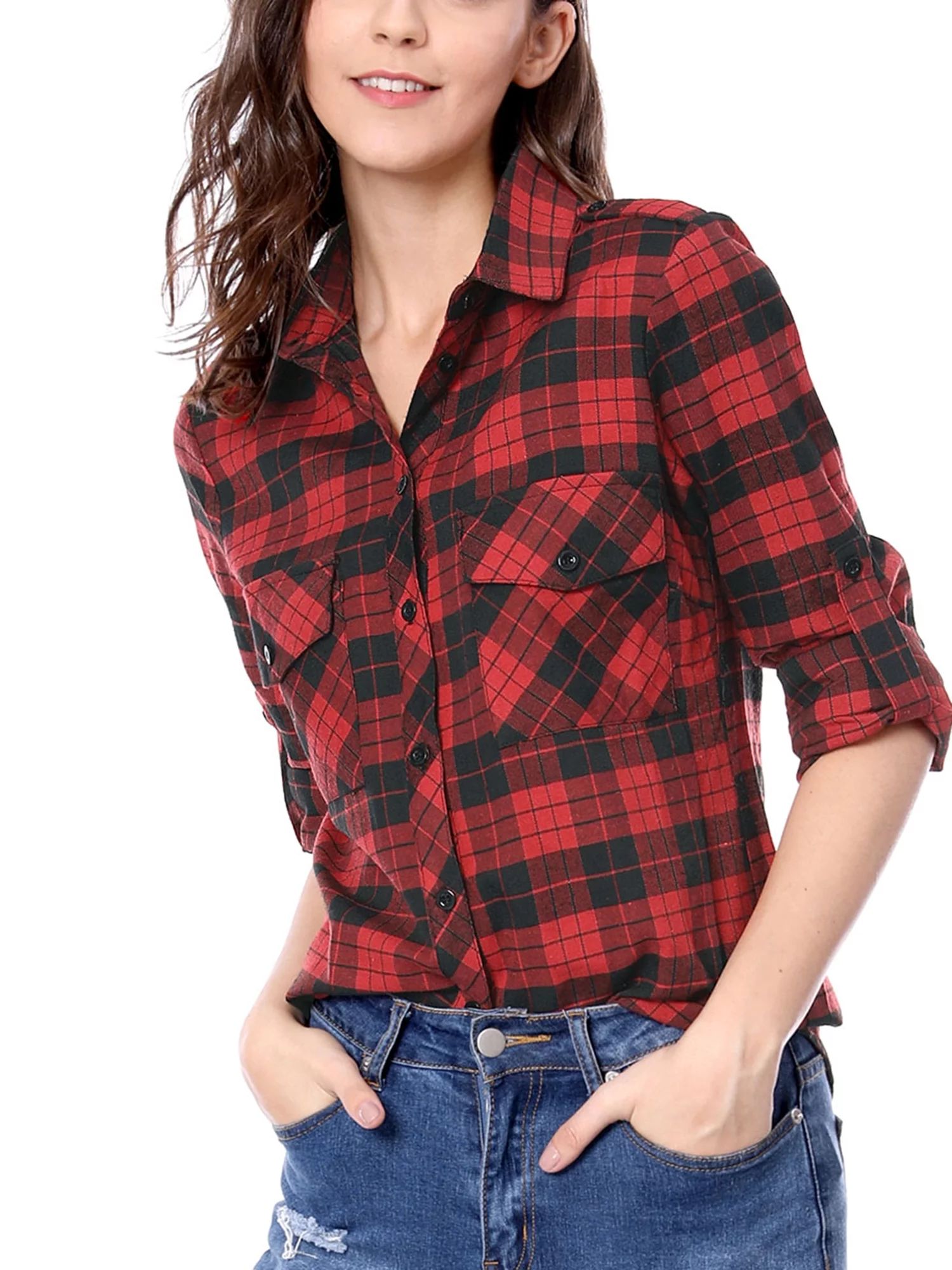 Unique Bargains Women Checks Roll Up Sleeves Flap Pockets Flannel Plaid Shirt | Walmart (US)