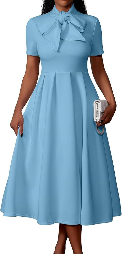 Women's Elegant Casual Short Sleeve Work Party A-Line Dress with Pockets | Amazon (US)