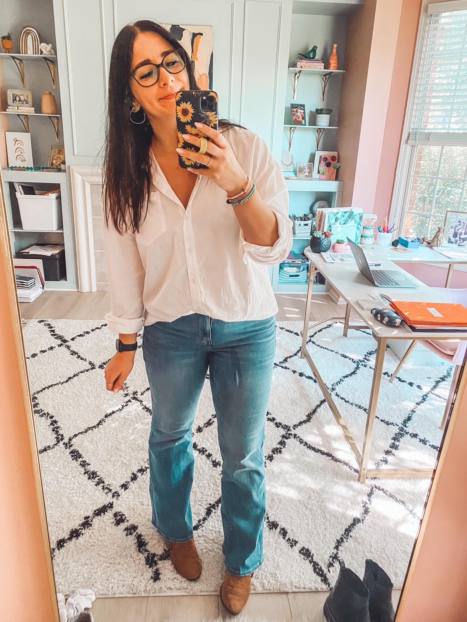 Flare jeans! Stretchy and true to size, wearing a size 8. 