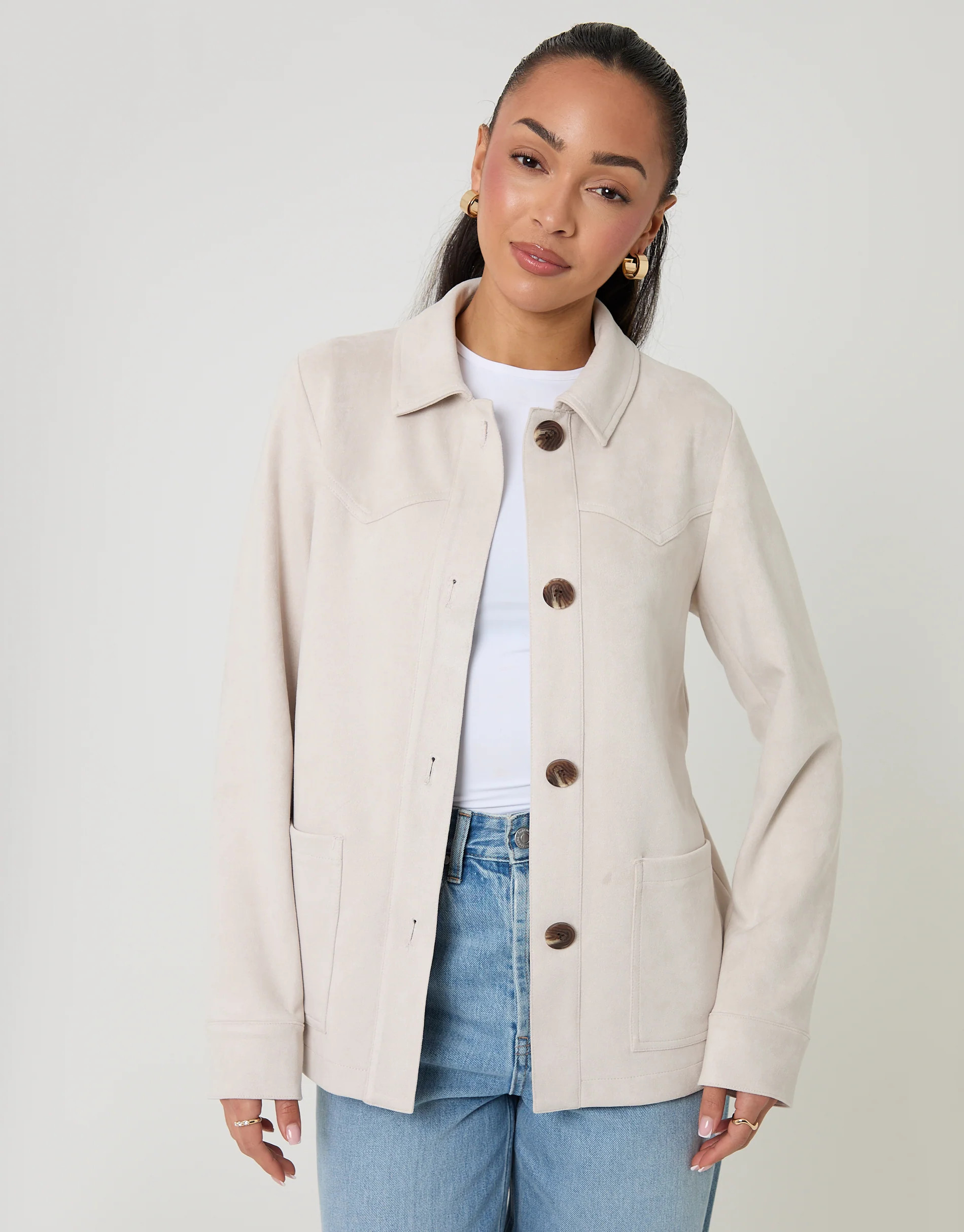 Ecru Yoke Detail Suedette Shacket | Threadbare