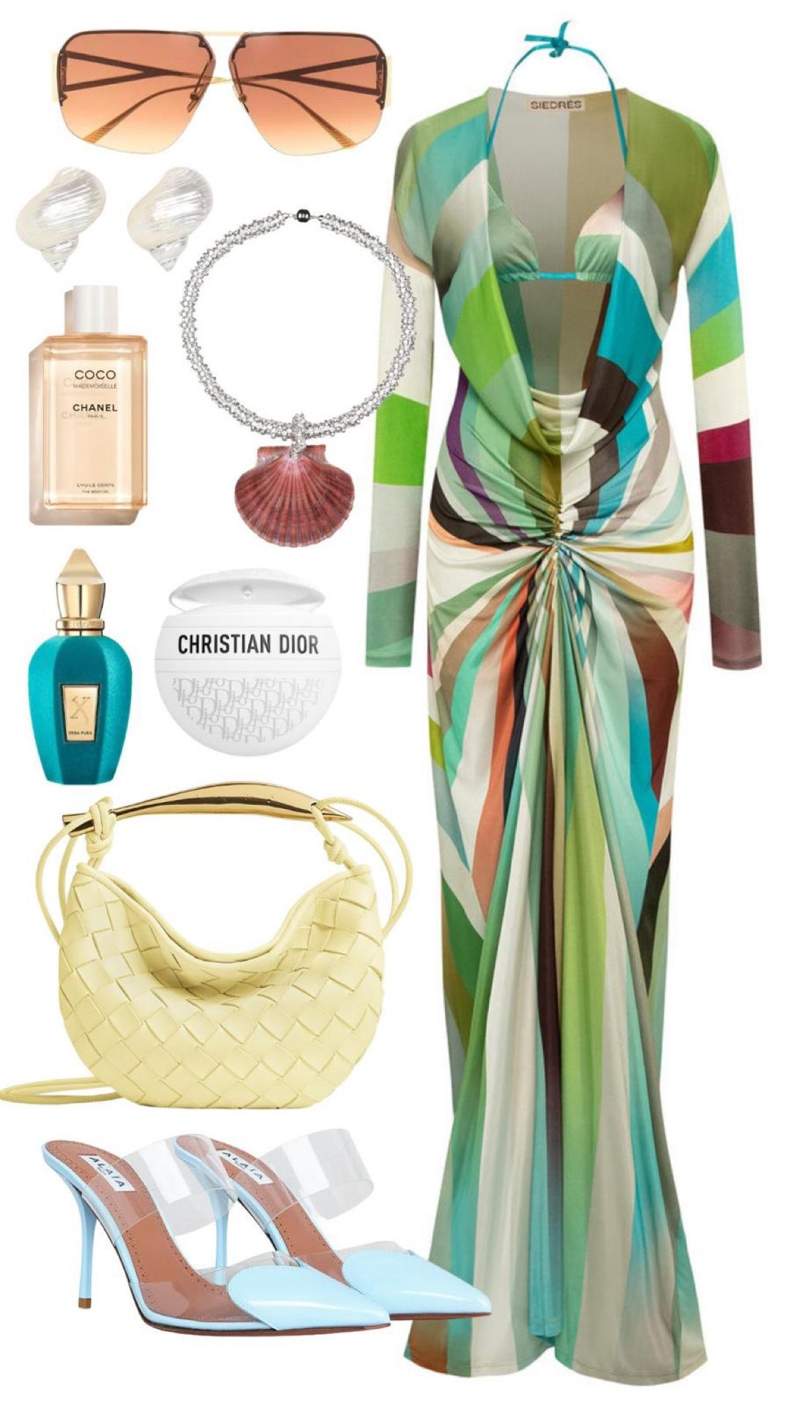 siedres dress
alaia heels 
bottega veneta bag 
bottega veneta sunglasses 
julietta shell necklace 
julietta earrings 
xerjoff erba pura perfume 
chanel body oil 
dior the baume cream 

#LTKSeasonal #LTKstyletip #LTKbeauty