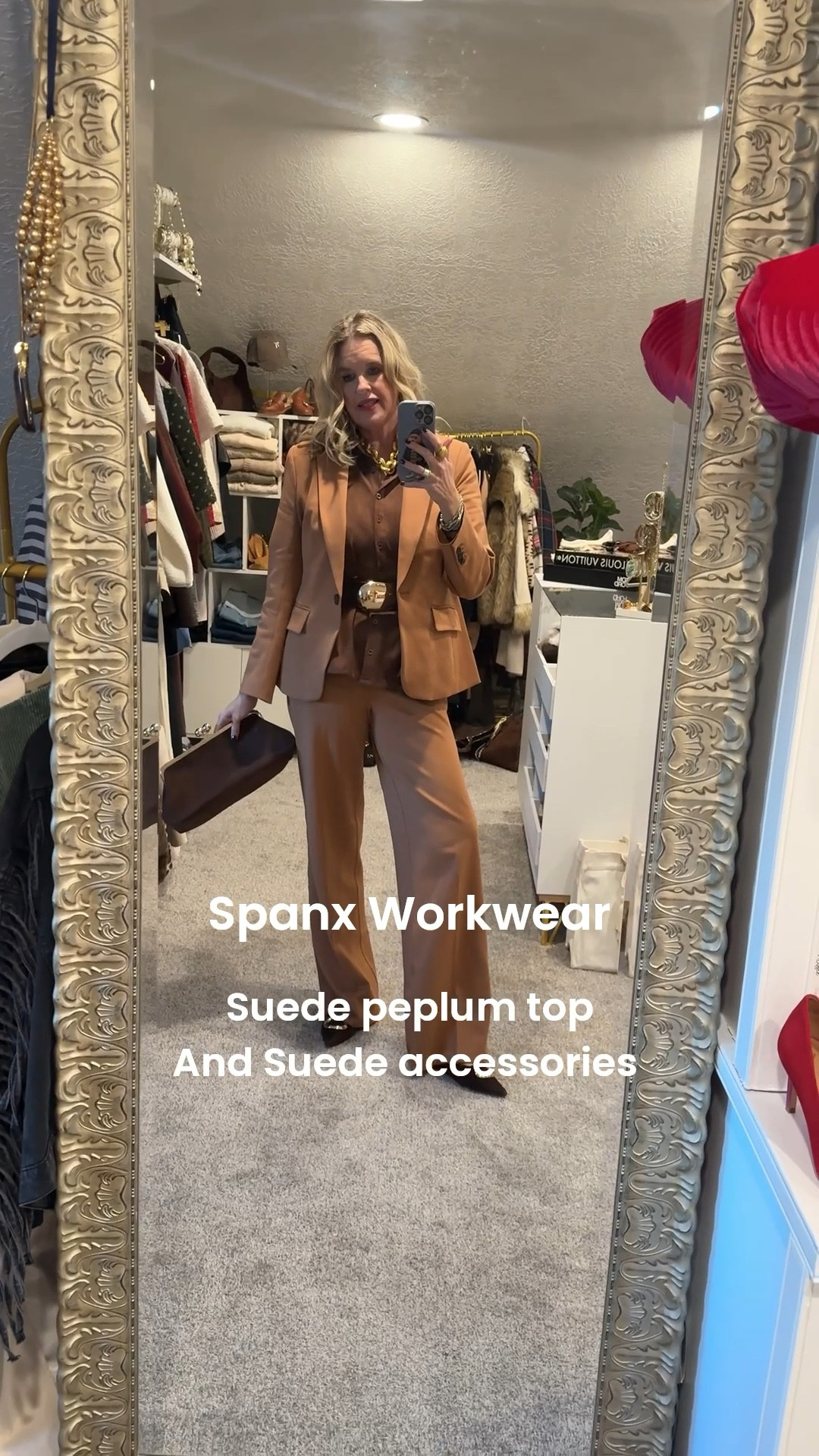 Spanx Workwear 

Spanx blazer and sold separately trouser pants
Both fit tts 
Save 15% off with code Deardarcyxspanx 

Amazon find suede peplum top
Fits tts 

Steve Madden suede pointed mule with gold buckle tts 

Wide suede belt with large Gold buckle fits tts by Dolce Vita 

Large gold chain necklace- earrings & ring  by Julie vos

Piece you can mix and match,
Classic pieces with a few tending styles to create a great outfit and add to your wardrobe 

#LTKgrwm #LTKootd #LTKWorkwear