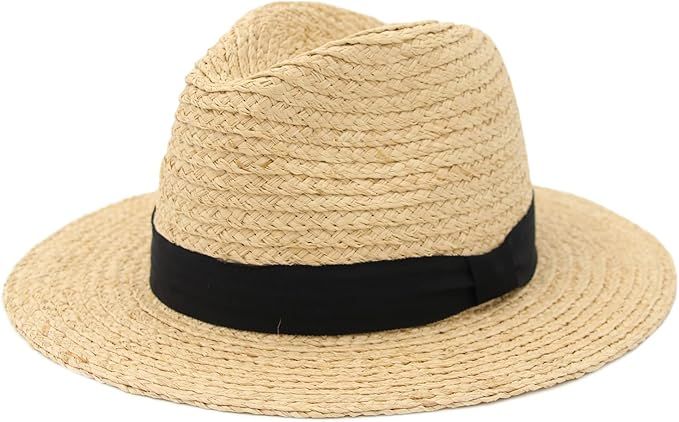 NAMANANA Unisex Fashion 100% Raffia Straw Hats Fedora UV Protect Summer Flat Brim hat Sun Hats Ma... | Amazon (US)