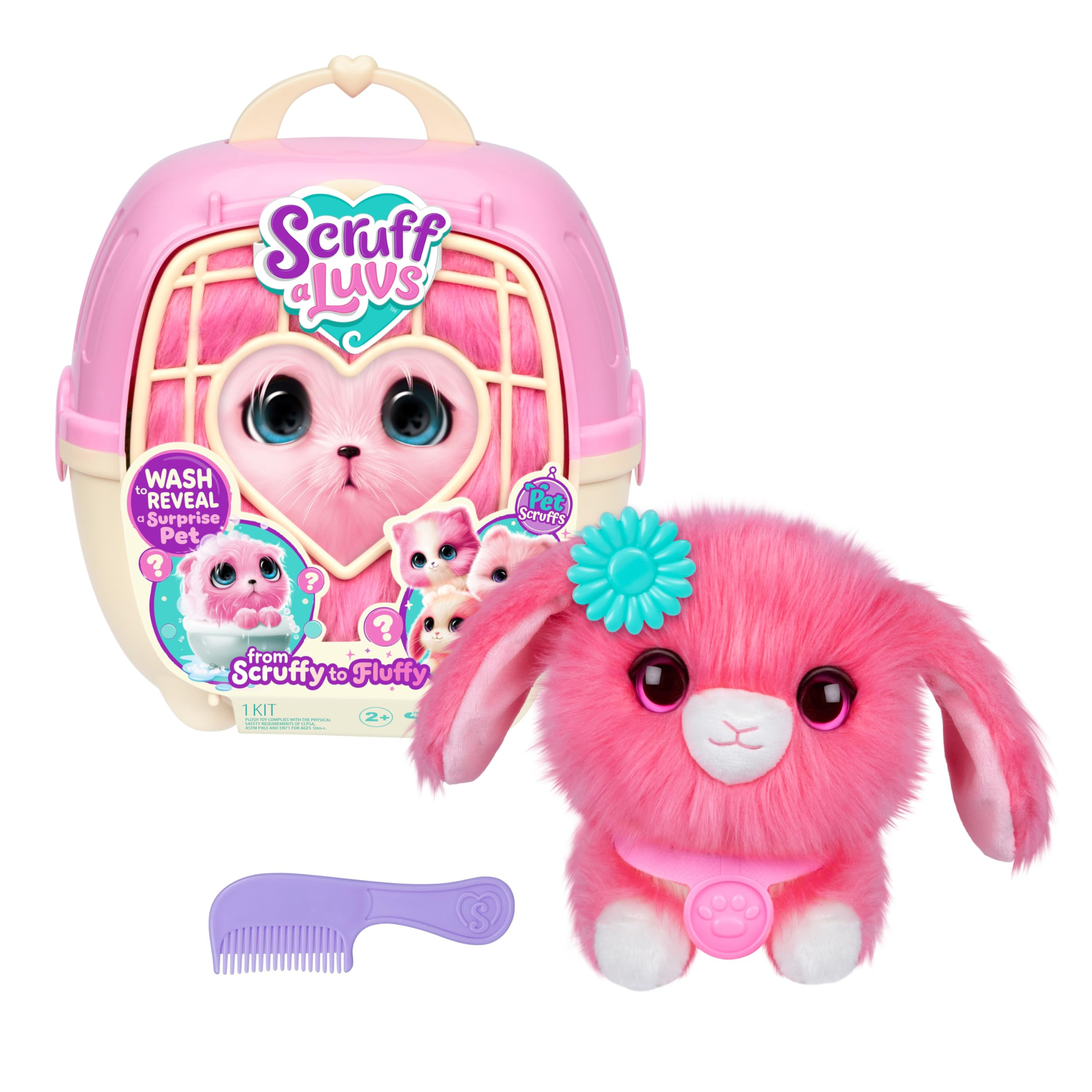 SCRUFFALUVS Pink Surprise Pet, Mystery Plush Toys, Stuffed Animals, Wash to Reveal 1 of 3 Rescue Pets: Puppy, Bunny, or Kitty - Includes 8.7" Deluxe Pet Carrier - Styles May Vary | Amazon (US)