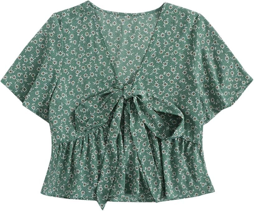 SheIn Women's Floral Tie Front Blouse Short Sleeve Ruffle V Neck Crop Top | Amazon (US)